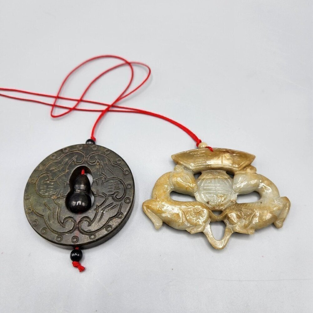 Jade Pendant Amulet Chinese Symbol Lot of 2 Deer Carved Stone Vtg 1980s